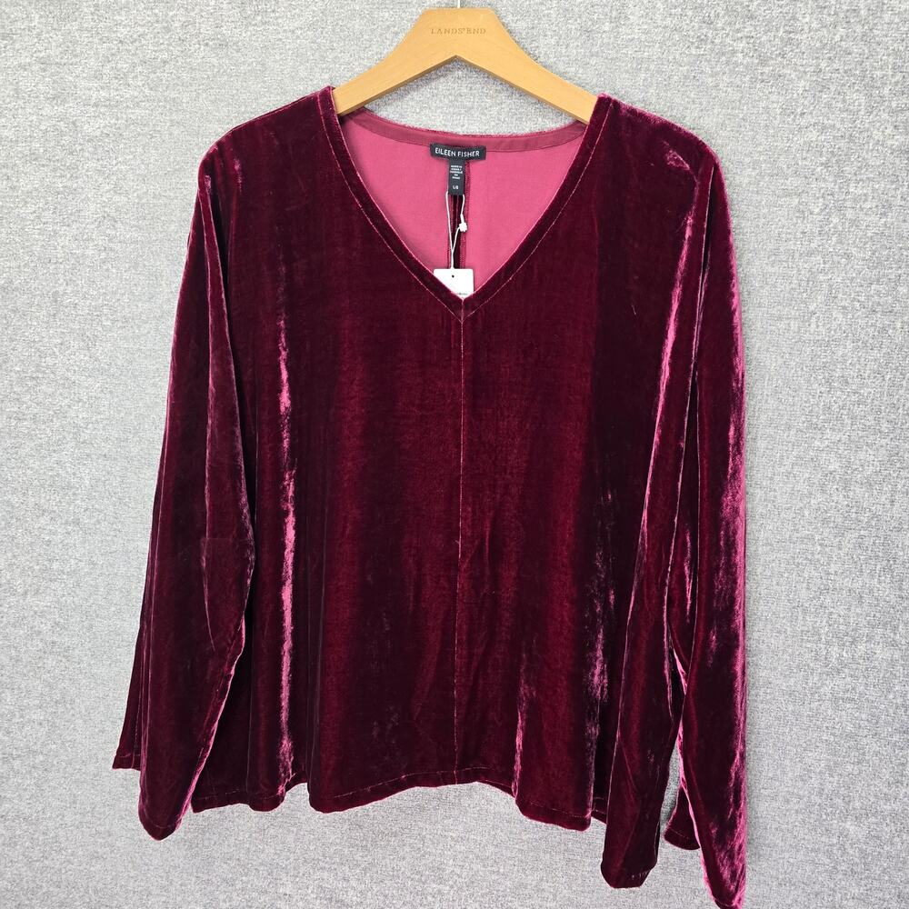 EILEEN FISHER VELVET V-NECK TOP, SIZE L, NWT